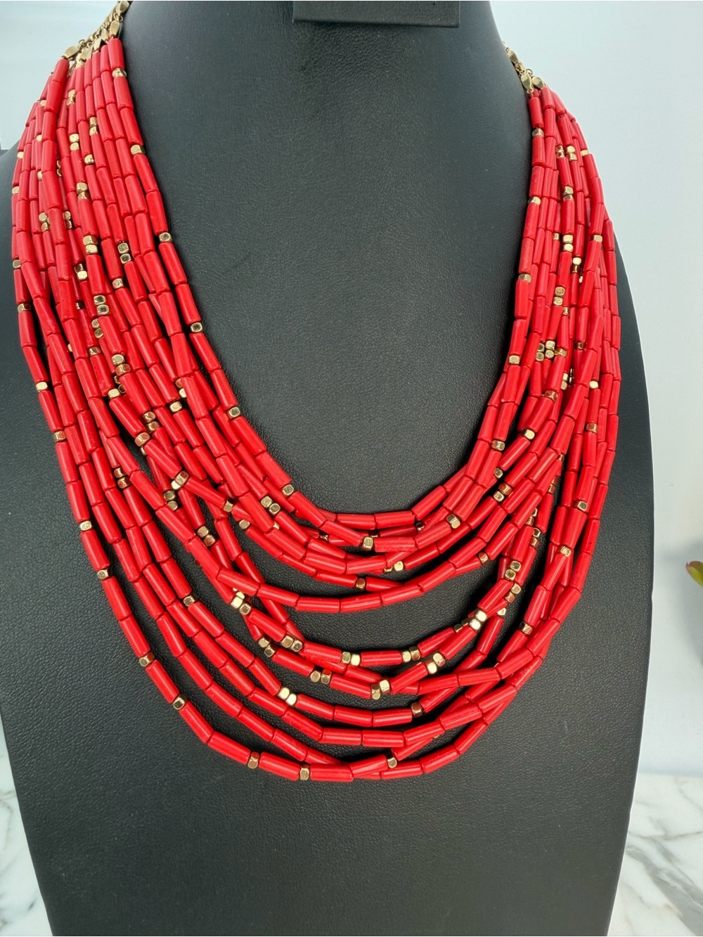 Stella and Dot Red Campari Necklace Multi Strand Bright Statement Bib Gold Tone